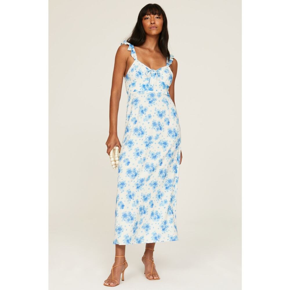 Rixo XS 0-2 Blue White Floral Print Cecile Sleeveless Ruffled Midi Dress print